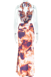 Orange Red Sexy Print Backless Halter Sleeveless Two Pieces