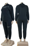 Black Casual Letters Pocket Hooded Plus Size Two Pieces
