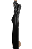 Black Prom Elegant Backless Hot Drill Asymmetrical Collar Long Dresses