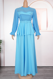Light Blue Elegant Solid Color With Belt Flounce O Neck Long Plus Size Dresses