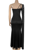 Black Prom Elegant Backless Hot Drill Asymmetrical Collar Long Dresses