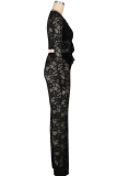 Black Casual Solid Color Strap Design V Neck Long Sleeve Two Pieces