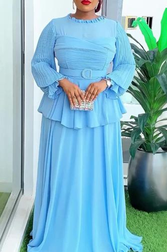 Light Blue Elegant Solid Color With Belt Flounce O Neck Long Plus Size Dresses