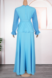 Light Blue Elegant Solid Color With Belt Flounce O Neck Long Plus Size Dresses