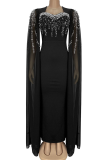 Black Celebrities Prom Solid Color Hot Drill Asymmetrical Collar Long Dresses