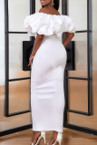 White Elegant Solid Color Ruched Off Shoulder Evening Dresses