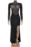 Black Sexy Solid Color Slit Hot Drill O Neck Long Dresses
