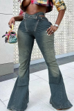 Blue Sexy Street Solid Color Hollow Out Distressed Mid Waist Boot Cut Denim Jeans