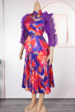 Green Elegant Print Hollow Out Stringy Selvedge Pleated Turtleneck Plus Size Two Pieces