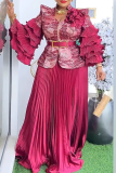 Red Elegant Solid Color With Belt Pleated Flounce V Neck Plus Size Two Pieces