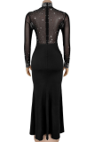 Black Sexy Solid Color Slit Hot Drill O Neck Long Dresses