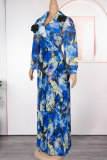Red Casual Print With Belt Pleated Turndown Collar Long Plus Size Dresses