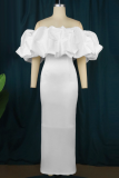 White Elegant Solid Color Ruched Off Shoulder Evening Dresses