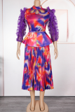 Green Elegant Print Hollow Out Stringy Selvedge Pleated Turtleneck Plus Size Two Pieces