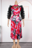 Green Elegant Print Hollow Out Stringy Selvedge Pleated Turtleneck Plus Size Two Pieces