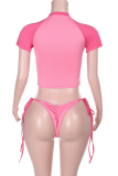 Pink Sexy Print Strap Design O Neck Short Sleeve Two Pieces