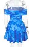 Blue Sexy Print Off Shoulder Printed Dresses