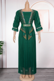 Green Elegant Solid Color Hot Drill Pleated Asymmetrical Collar Long Plus Size Dresses