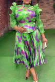 Green Elegant Print Hollow Out Stringy Selvedge Pleated Turtleneck Plus Size Two Pieces