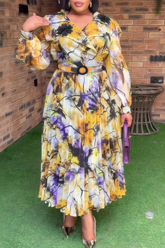 Yellow Casual Print With Belt Pleated Turndown Collar Long Plus Size Dresses