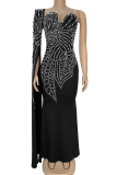 Black Prom Elegant Backless Hot Drill Asymmetrical Collar Long Dresses