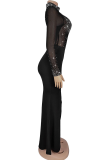 Black Sexy Solid Color Slit Hot Drill O Neck Long Dresses