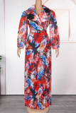 Red Casual Print With Belt Pleated Turndown Collar Long Plus Size Dresses