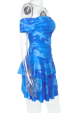 Blue Sexy Print Off Shoulder Printed Dresses