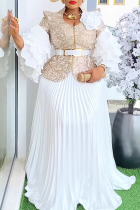 Apricot Elegant Solid Color With Belt Pleated Flounce V Neck Plus Size Two Pieces