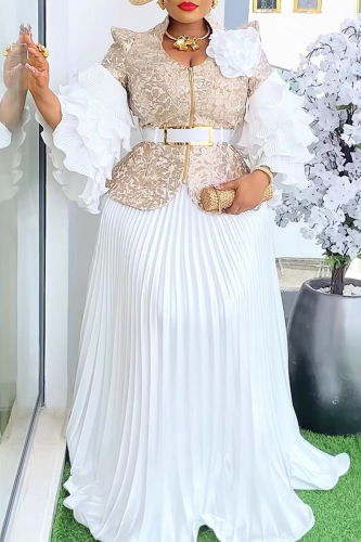 Apricot Elegant Solid Color With Belt Pleated Flounce V Neck Plus Size Two Pieces