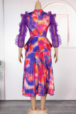 Green Elegant Print Hollow Out Stringy Selvedge Pleated Turtleneck Plus Size Two Pieces