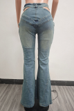 Blue Sexy Street Solid Color Hollow Out Distressed Mid Waist Boot Cut Denim Jeans
