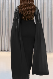 Black Celebrities Prom Solid Color Hot Drill Asymmetrical Collar Long Dresses