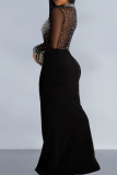 Black Sexy Solid Color Slit Hot Drill O Neck Long Dresses