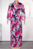 Red Casual Print With Belt Pleated Turndown Collar Long Plus Size Dresses