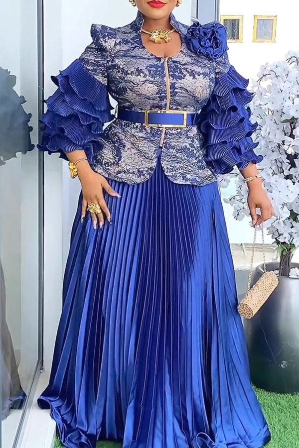 Blue Elegant Solid Color With Belt Pleated Flounce V Neck Plus Size Two Pieces