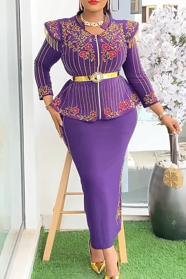 Purple Elegant Print Fringed Trim With Belt Zipper Asymmetrical Collar Plus Size Two Pieces