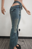 Blue Sexy Street Solid Color Hollow Out Distressed Mid Waist Boot Cut Denim Jeans