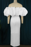 White Elegant Solid Color Ruched Off Shoulder Evening Dresses