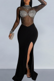 Black Sexy Solid Color Slit Hot Drill O Neck Long Dresses