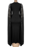 Black Celebrities Prom Solid Color Hot Drill Asymmetrical Collar Long Dresses