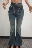 Blue Sexy Street Solid Color Hollow Out Distressed Mid Waist Boot Cut Denim Jeans