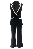 Black Casual Solid Color Buttons Turndown Collar Sleeveless Two Pieces