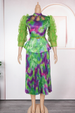 Green Elegant Print Hollow Out Stringy Selvedge Pleated Turtleneck Plus Size Two Pieces