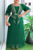 Green Elegant Solid Color Hot Drill Pleated Asymmetrical Collar Long Plus Size Dresses