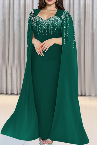 Ink Green Celebrities Prom Solid Color Hot Drill Asymmetrical Collar Long Dresses