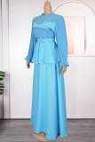 Light Blue Elegant Solid Color With Belt Flounce O Neck Long Plus Size Dresses