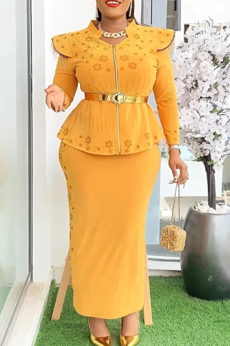 Yellow Elegant Print Fringed Trim With Belt Zipper Asymmetrical Collar Plus Size Two Pieces