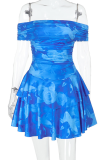 Blue Sexy Print Off Shoulder Printed Dresses