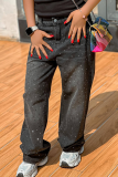 Grey Casual Solid Color Hot Drill Mid Waist Loose Denim Jeans